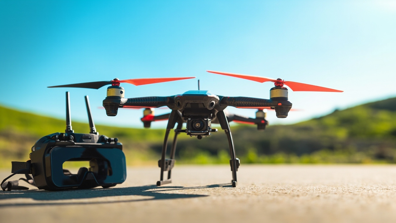 Dron FPV con gafas de visualización en un entorno exterior