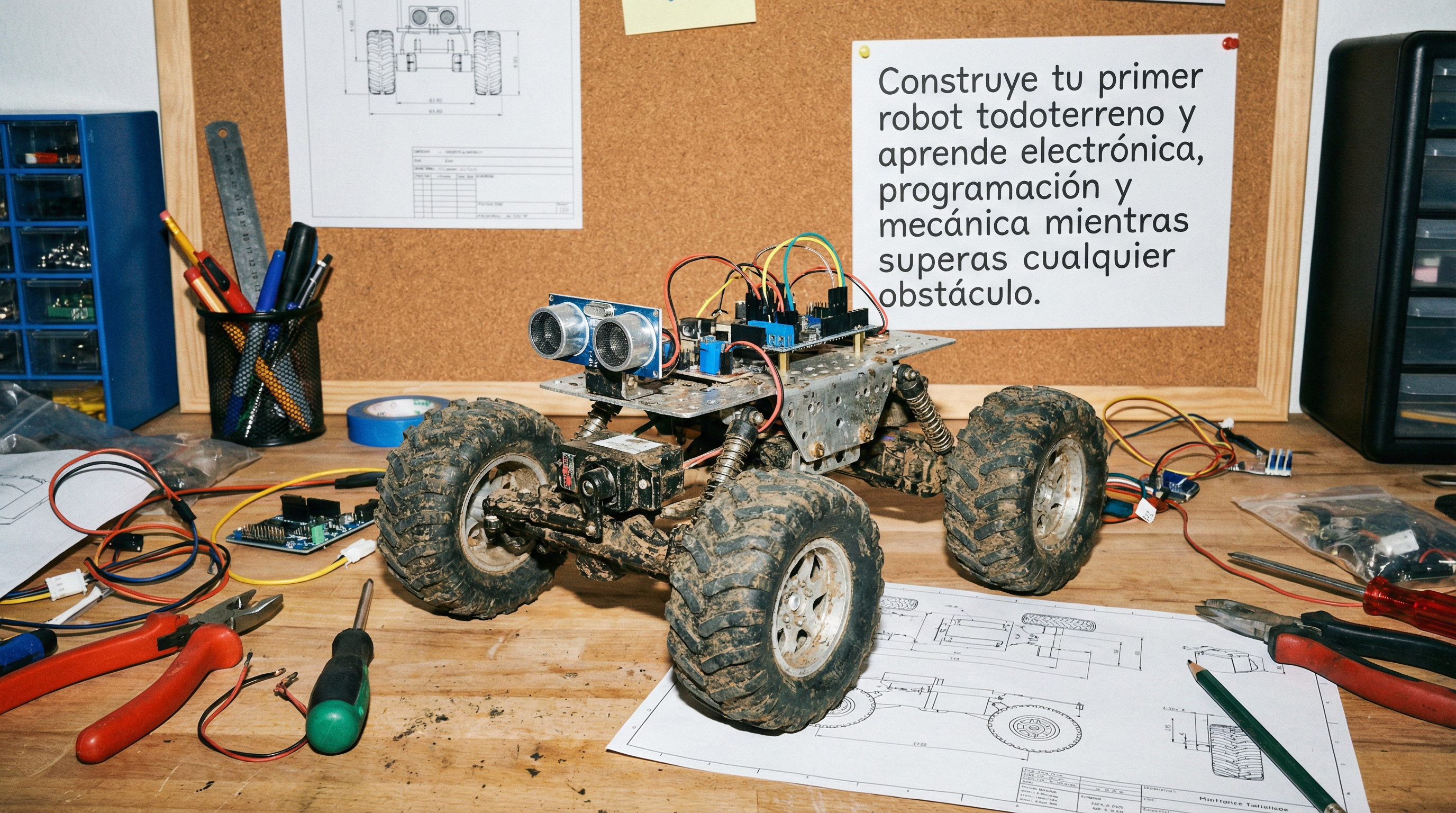Robot explorador de cuatro ruedas en una mesa de montaje
