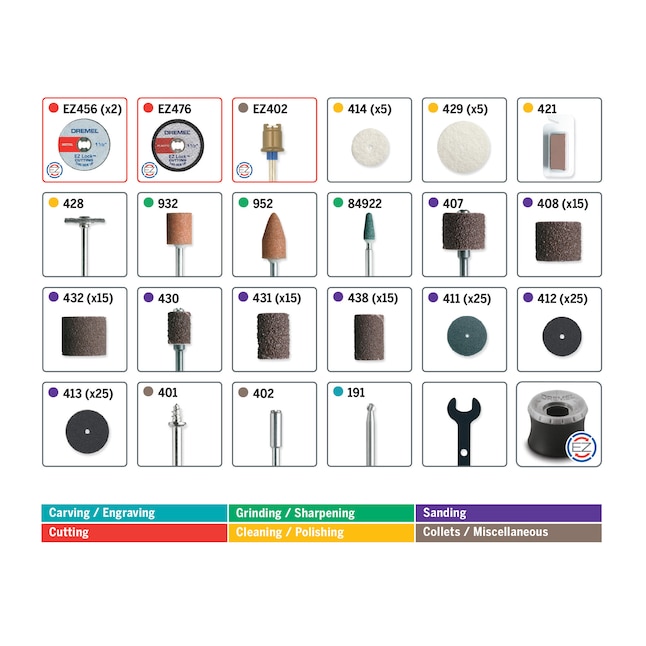 Dremel 710-08: detalle de discos, lijas, puntas y mandriles incluidos